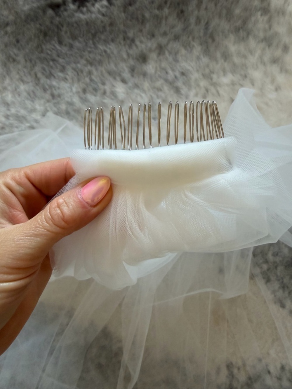 Ivory Fingertip Wedding Veil with Blusher - Picture 5 of 13
